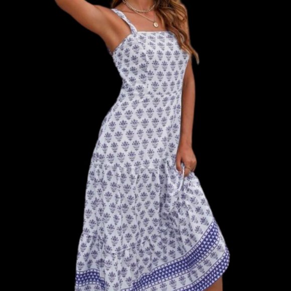 Hot Boho Dress Blue + White Floral Botanical Print Midi - Picture 5 of 6
